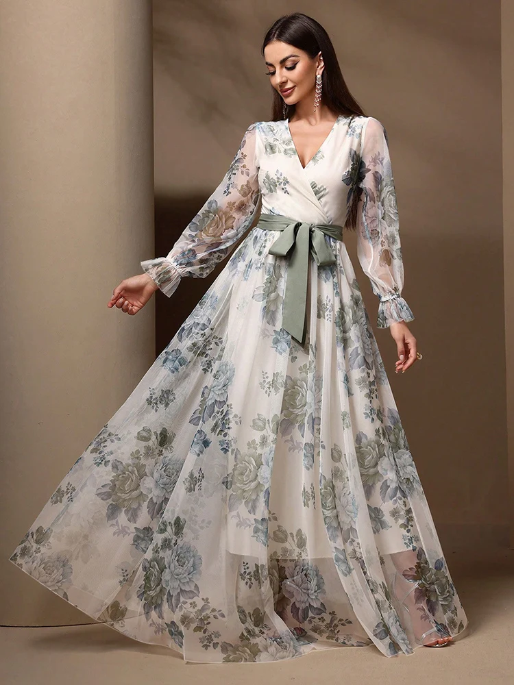 TOLEEN Summer Floral Print Flare Sleeve Belted Lace Mesh Overlay Maxi Dress 2024 New in Women Casual Elegant Female Long Dresses