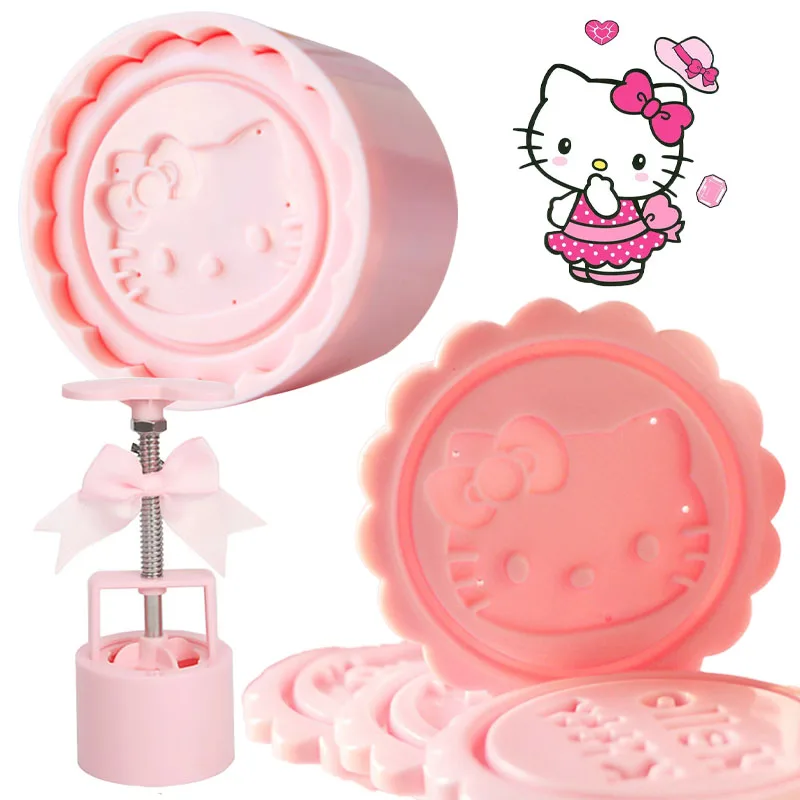 Kawaii olá kitty flor em forma de mooncake molde 75g kt diy pressão da mão lua bolo molde de plástico imprensa cortador biscoito ferramenta de cozimento