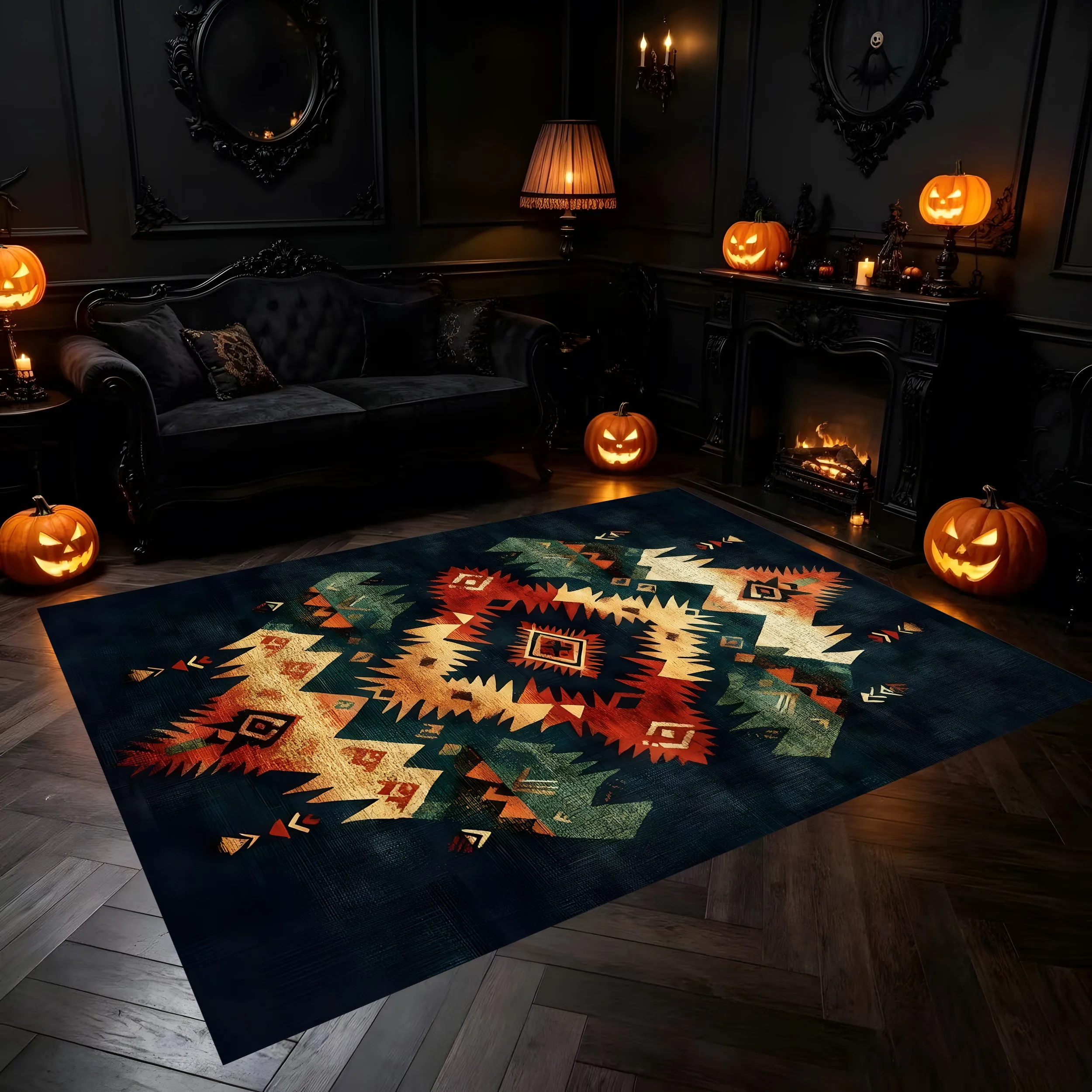 Large Area Rug with Ethnic Geometric Symmetrical Totem Pattern, Retro Exotic Style, for Living Room Bedroom Homestay