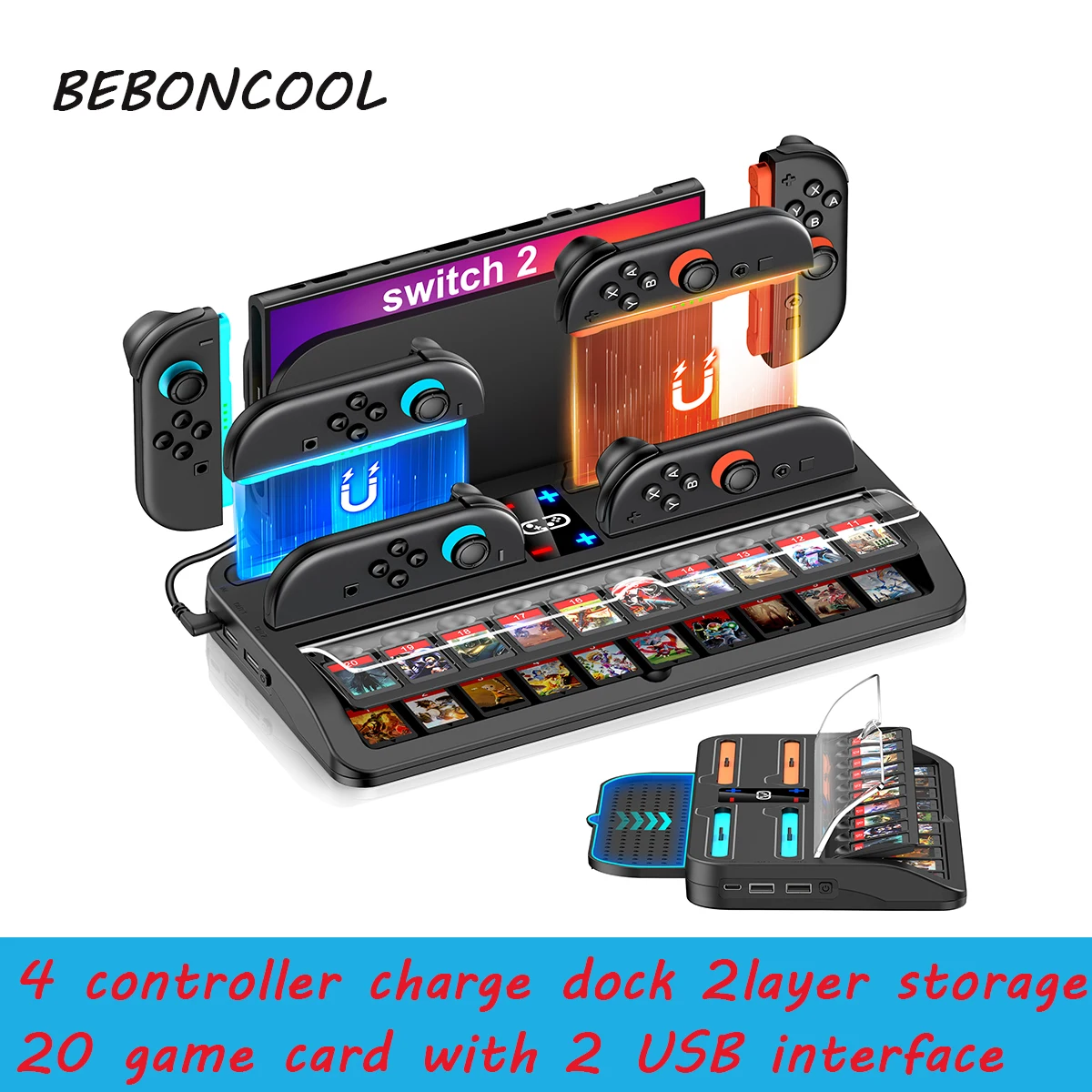 

BEBONCOOL SC200 for Switch2 4 controller charger stand with 2 USB interface Two layer storage 20 game card for sw2 charge dock