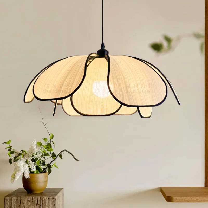 

Nordic French Petal E27 Led Pendant Lights Creamy Wabi Sabi Hang Light Art Decor Abaca Fabric Suspend Lamp Fixtures Indoor Lamp