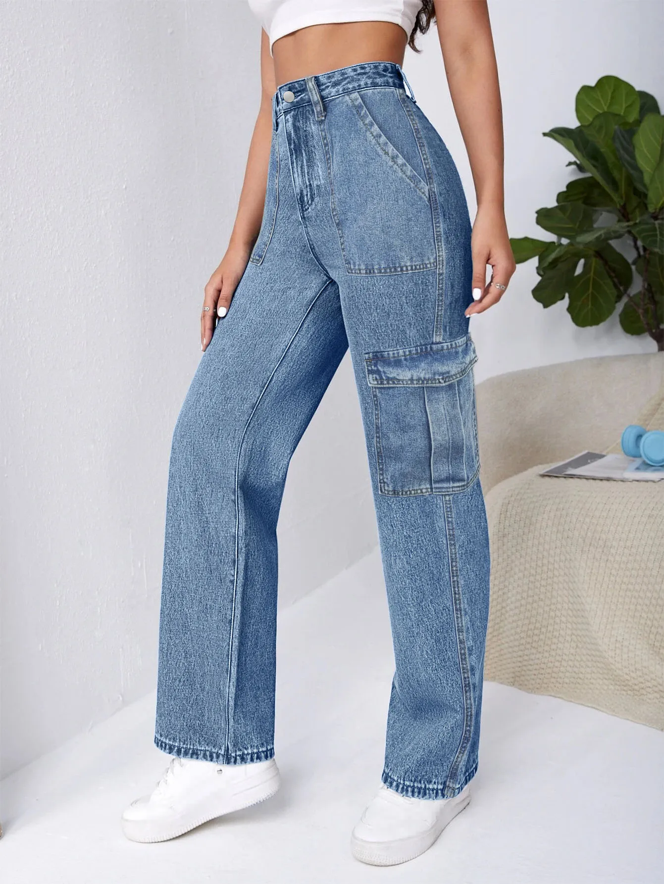 Women's Jeans New Fashion Personalized Workwear Pants Denim Straight Leg Trousers Pockets Fashion Vintage Jeans Female