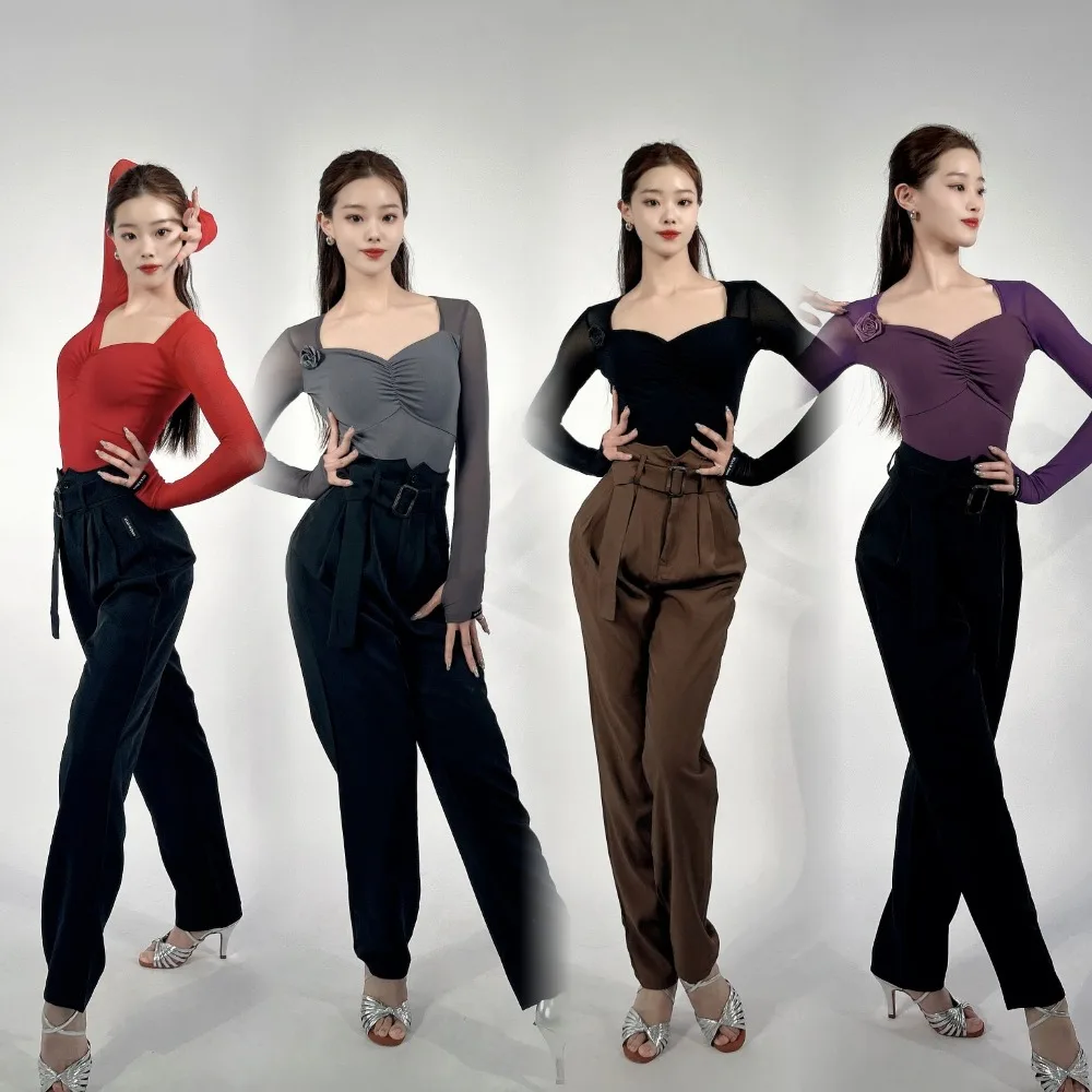 Balloom Modern Dance Top Women's Men's High Waist Performance Practice Suit Black Social Latin Dance Long Pants Yoga Sports Wear