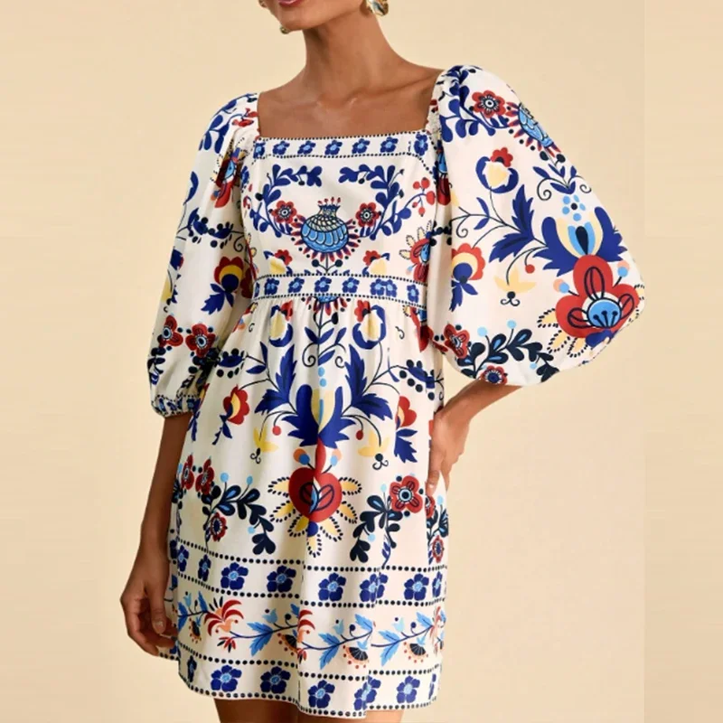 夏エスニックスクエアネック半袖ミニドレスレトロ気質ファッショナブルなプリント折りホリデードレス 2ist A ラインドレス