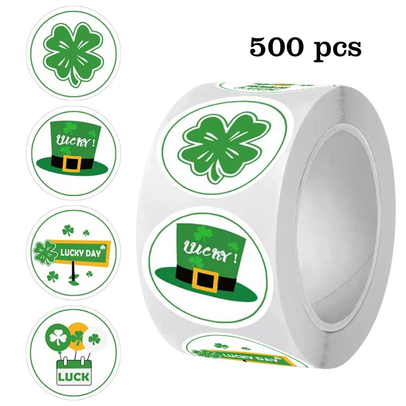 500 Stück 1-Zoll-Kleeblatt-Glücksaufkleber-Rolle, St. Patrick's Day Kleeblatt-Etiketten für Geschenkverpackungen, Partydekoration und Feiertagsdeko