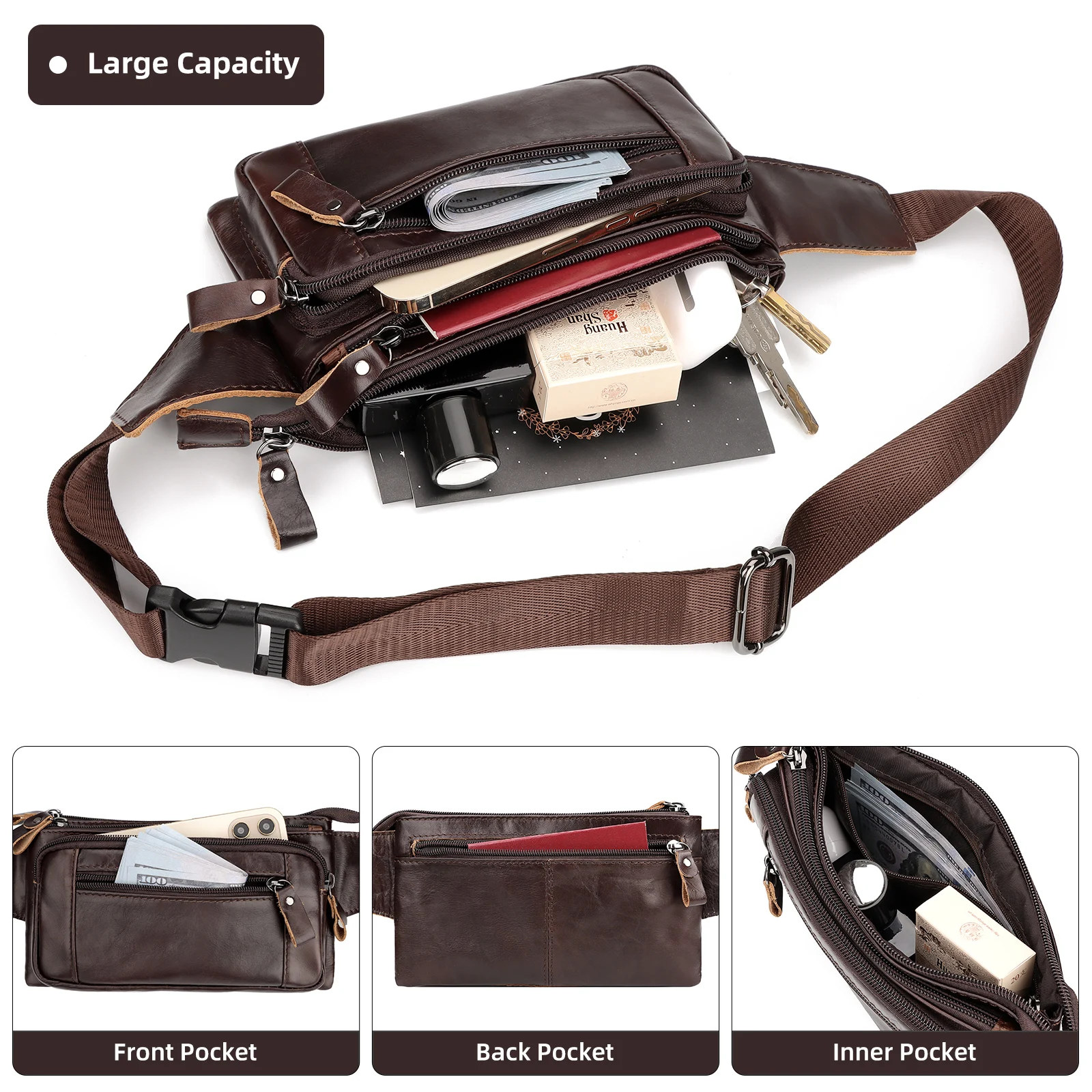 100% Genuine Leather Waist Packs Travel Fanny Pack For Men Top Quality Male Belt Bag with Phone Bags Multifunction Chest Bag