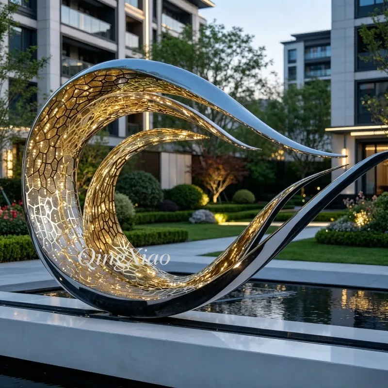 Custom Golden Mesh Wave Mirror Stainless Steel Ring Sculpture LED Hollow Water Feature For Resort Villa Park Waterside Landscape