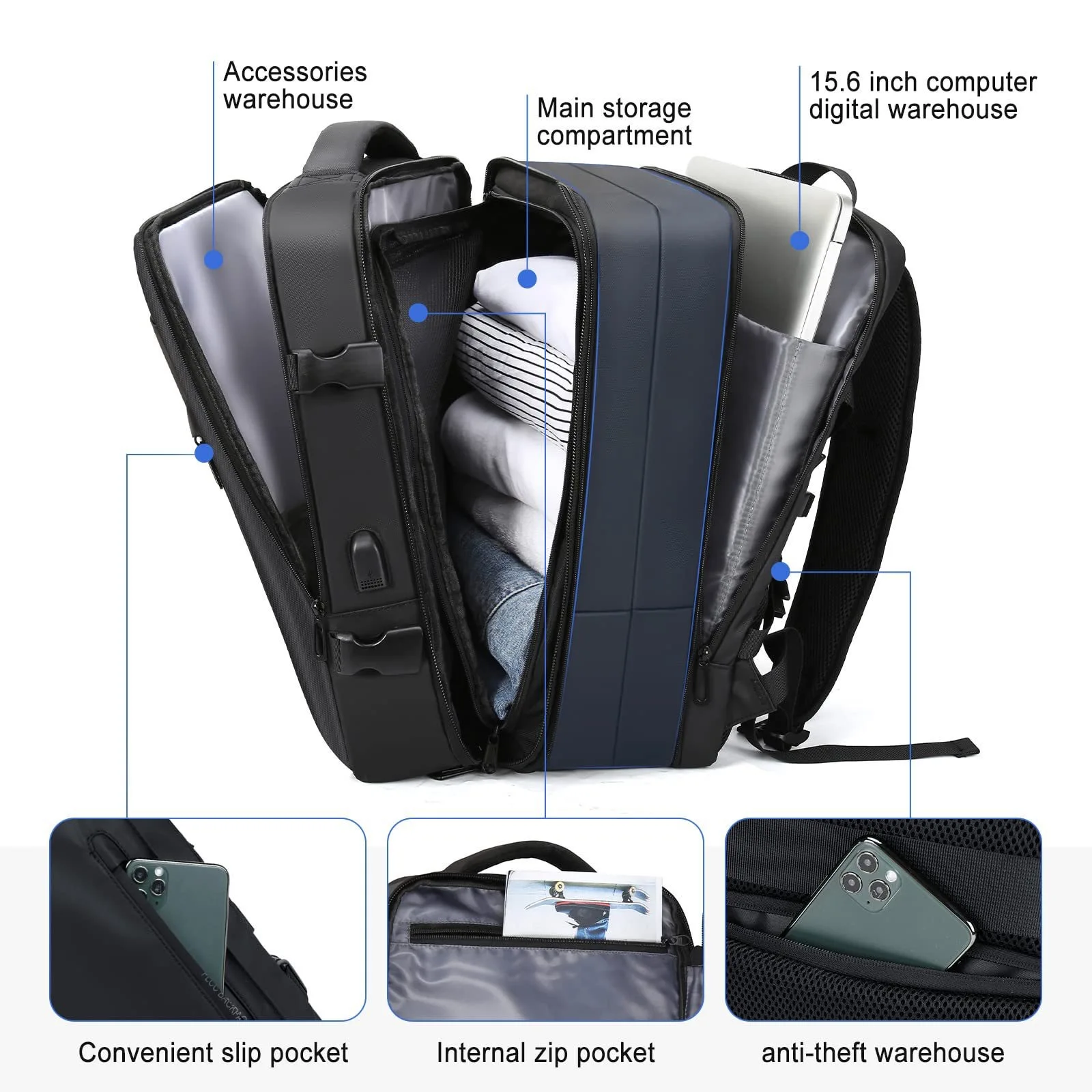 Classic Travel Backpack Men Business Backpack School Expandable USB Bag Large Capacity Laptop Waterproof Fashion Backpack