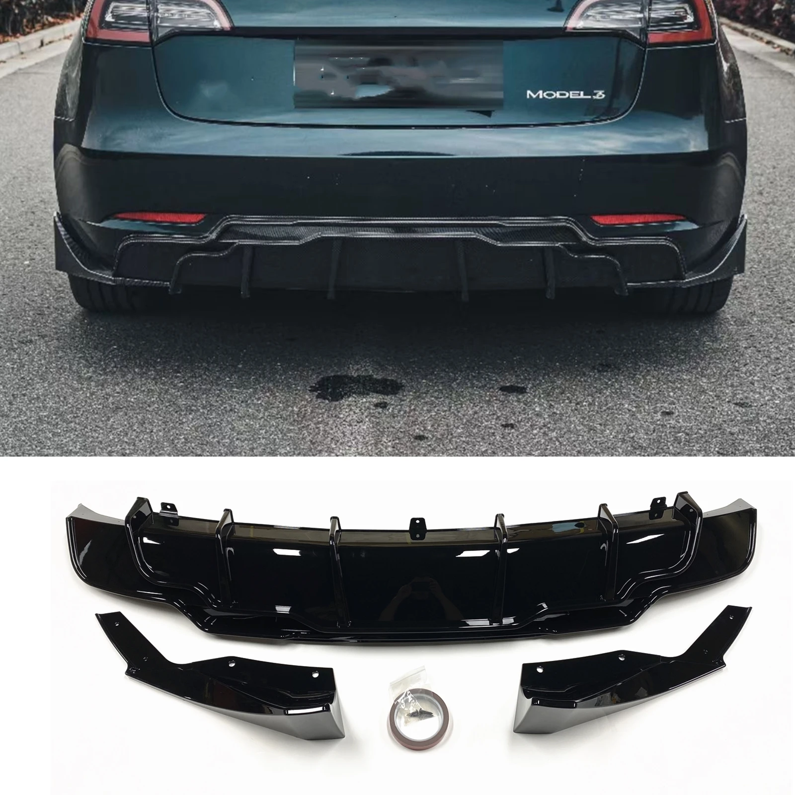 

Rear Bumper Diffuser Lip For Tesla Model 3 Sedan 2017 2018 2019 2020 2021 2022 2023 Spoiler Plate W/ Boot Molding Cover Splitter