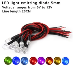 LEDダイオード、3v、5v、12v、24v、dc 5mm、赤、緑、青、黄色、UV、オレンジ、ピンク、暖かい、白rgb、プリgb、10個、50個の有線20cmケーブル