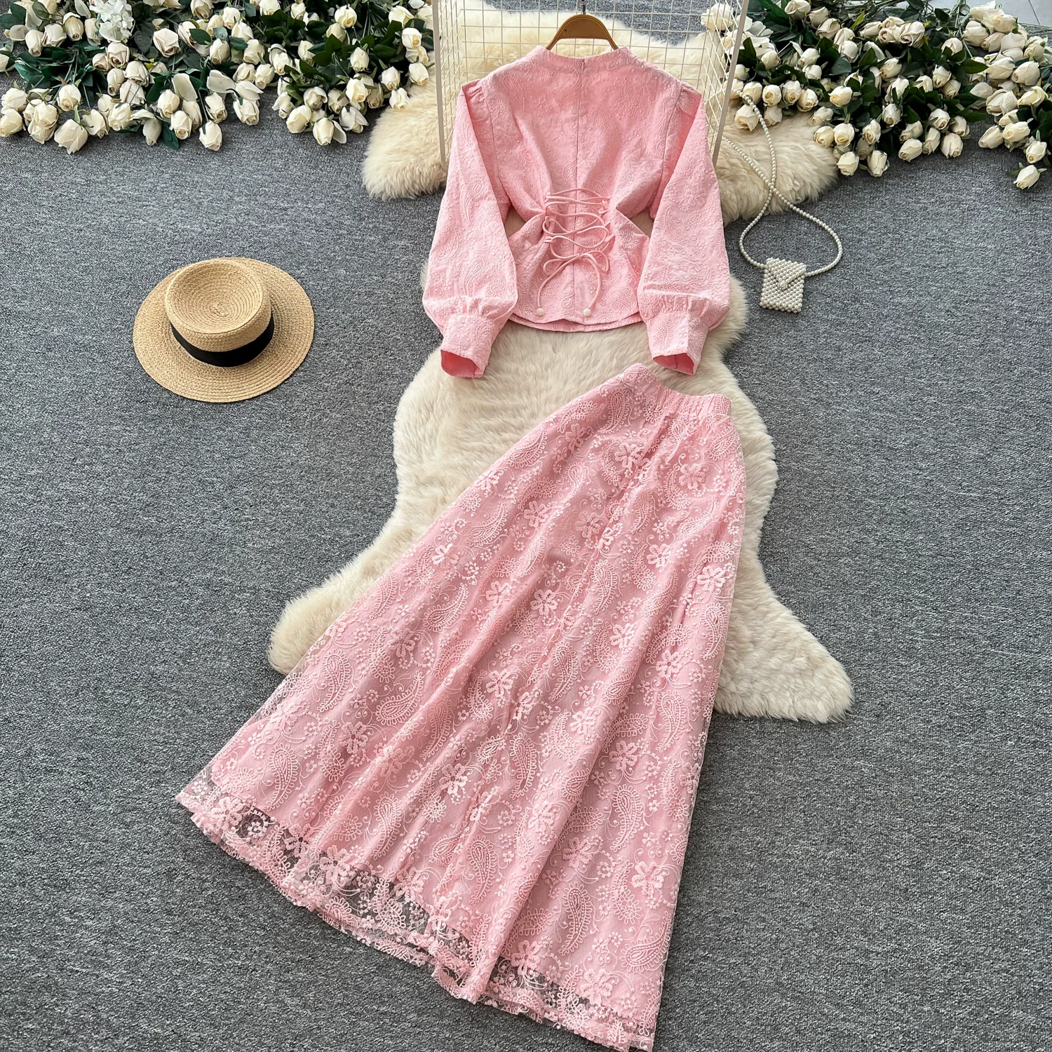 Women Vintage Lace Two Piece Set Long Sleeve V-Neck Button Up Top Pleated Maxi Skirt Elegant Wedding Guest Formal Party Suit