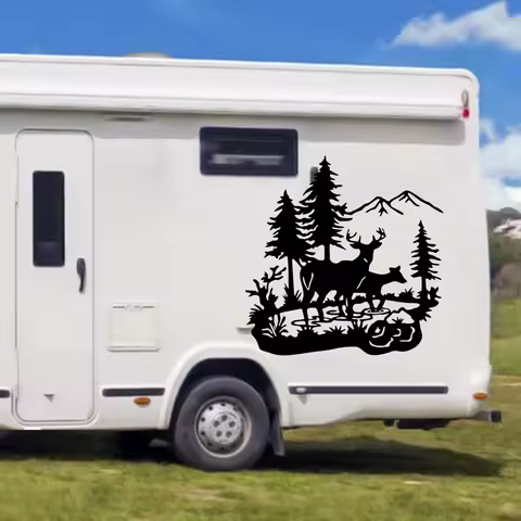Large Deer Mountain Lake Tree Camper Rv Car Sticker Decal Nature Jungle Travel Adventure for Caravan Motorhome Vinyl Decor