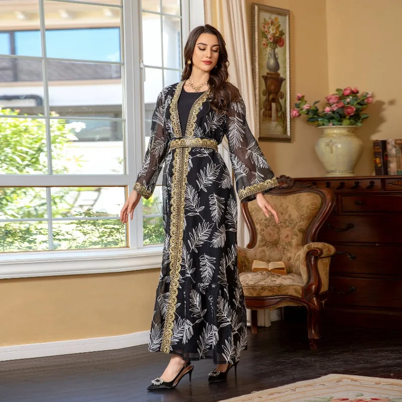 Dubajski letni zestaw Eid Abaya 2-częściowy, sukienka z haftowaną siateczką i złotymi zdobieniami, moda islamska dla kobiet muzułmańskich