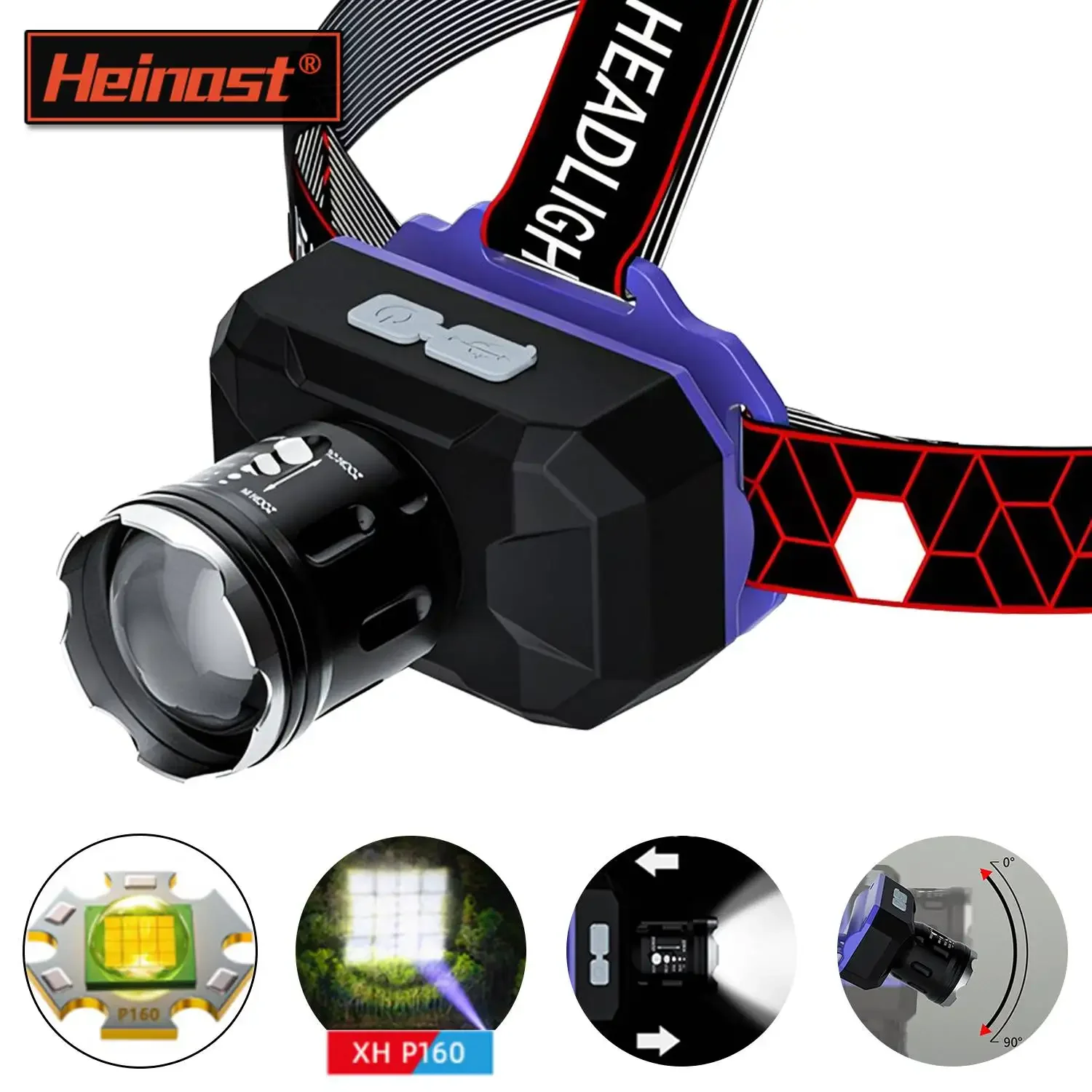 Heinast P160 Lamp Beads Ultra Bright Portable LED Headlamp 3 Modes USB Charging Headlamp, Waterproof Zoom Night Fishing Headlamp