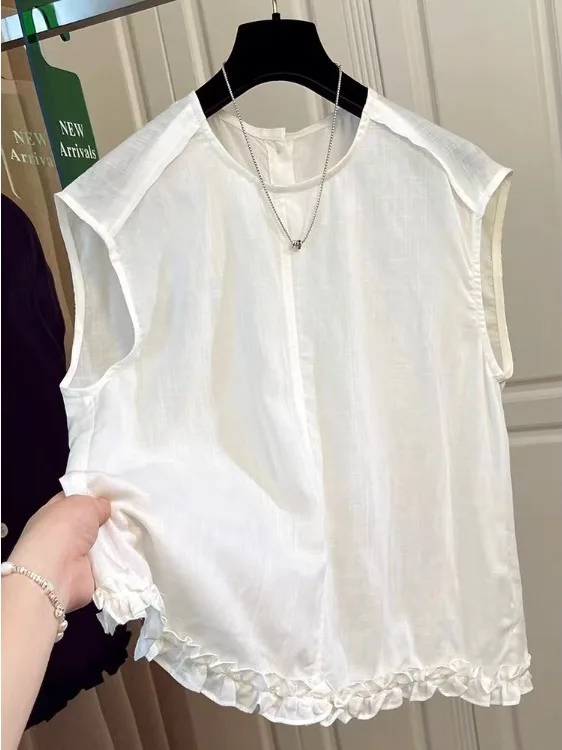 

Summer 2025 Women's round Ne Ice Silk Linen Skin-friendly Blouse Svel irt Korean Sle Loose Fit Button Detail