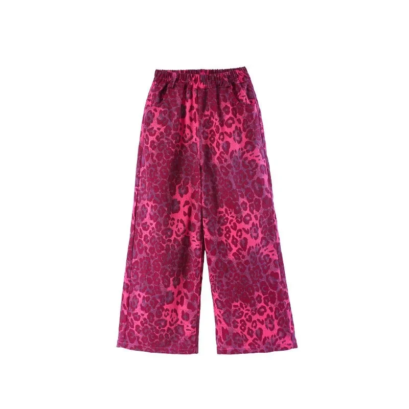 Kostum panggung dansa Jazz perempuan, kostum latihan Hip-hop, celana panjang longgar cetakan macan tutul merah muda Musim Semi dan Musim Gugur usia 7-15 tahun