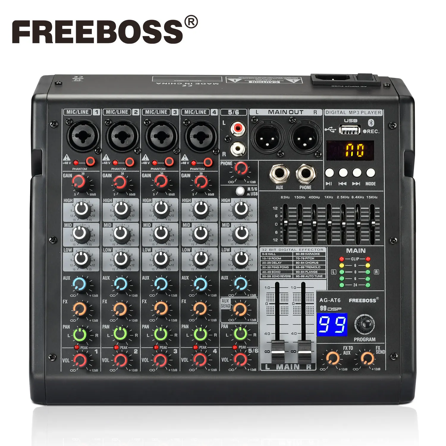 

Freeboss 6 Channels Audio Mixer 99 DSP Effect 7 Band EQ Mixing Console USB PC Record Bluetooth Dj Sound Table 48V Radio AG-AT6