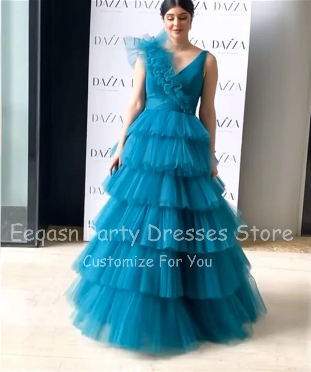 Eeqasn A Line Tiered Tulle Long Prom Dresses Saudi Arabia Ruffle V-Neck Dubai Prom Gowns Pleats Women's Evening Party Dress 2022