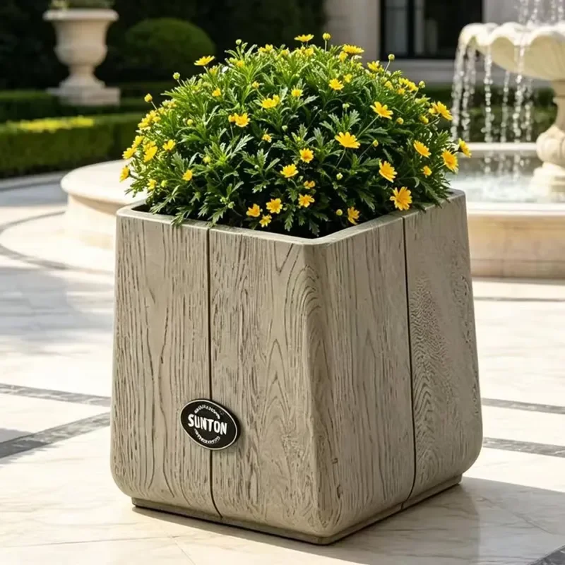 Cross-border Large-caliber Fiberglass Reinforced Plastic square Flower Pot Faux Wood Grain Trendy European-American Style