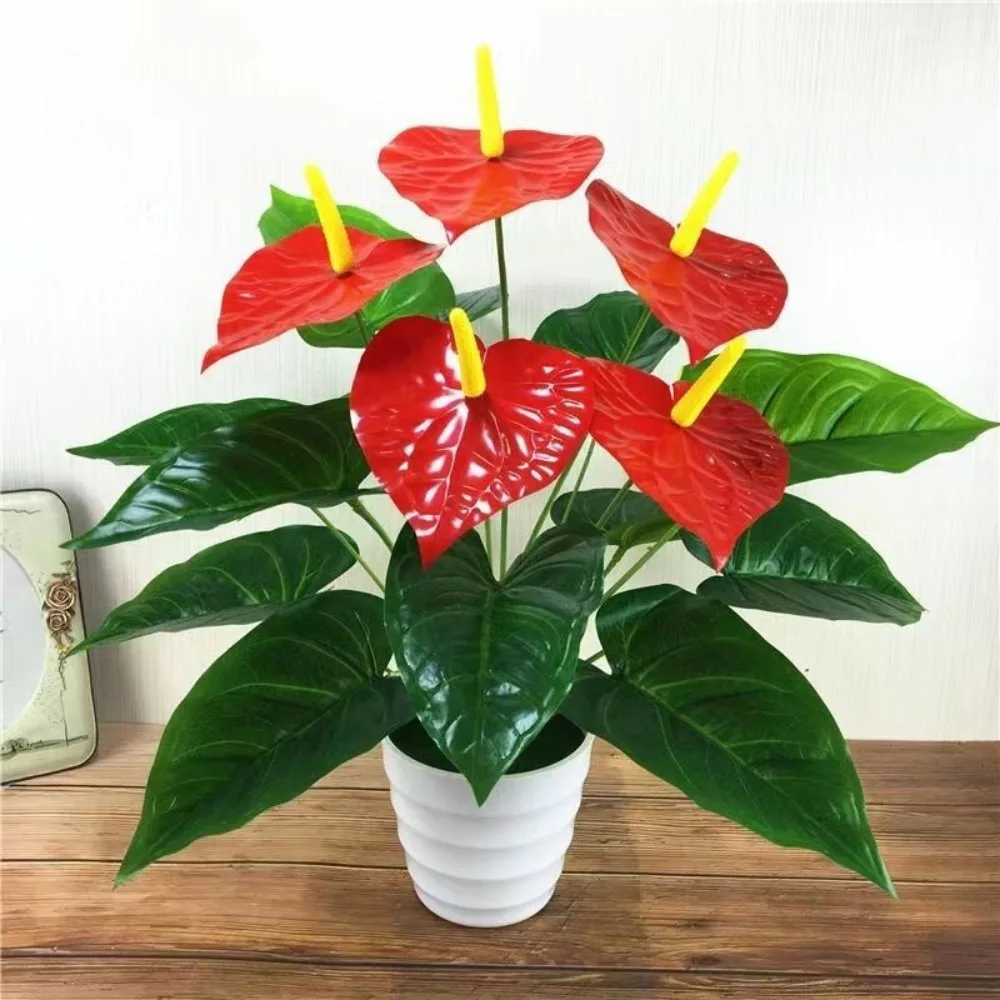 35/50CM Artificial Red Palm Plastic Big Herb Plant Fake Anthurium Greenery Tree Artificial Palm Fronds Living Room Bedroom Decor