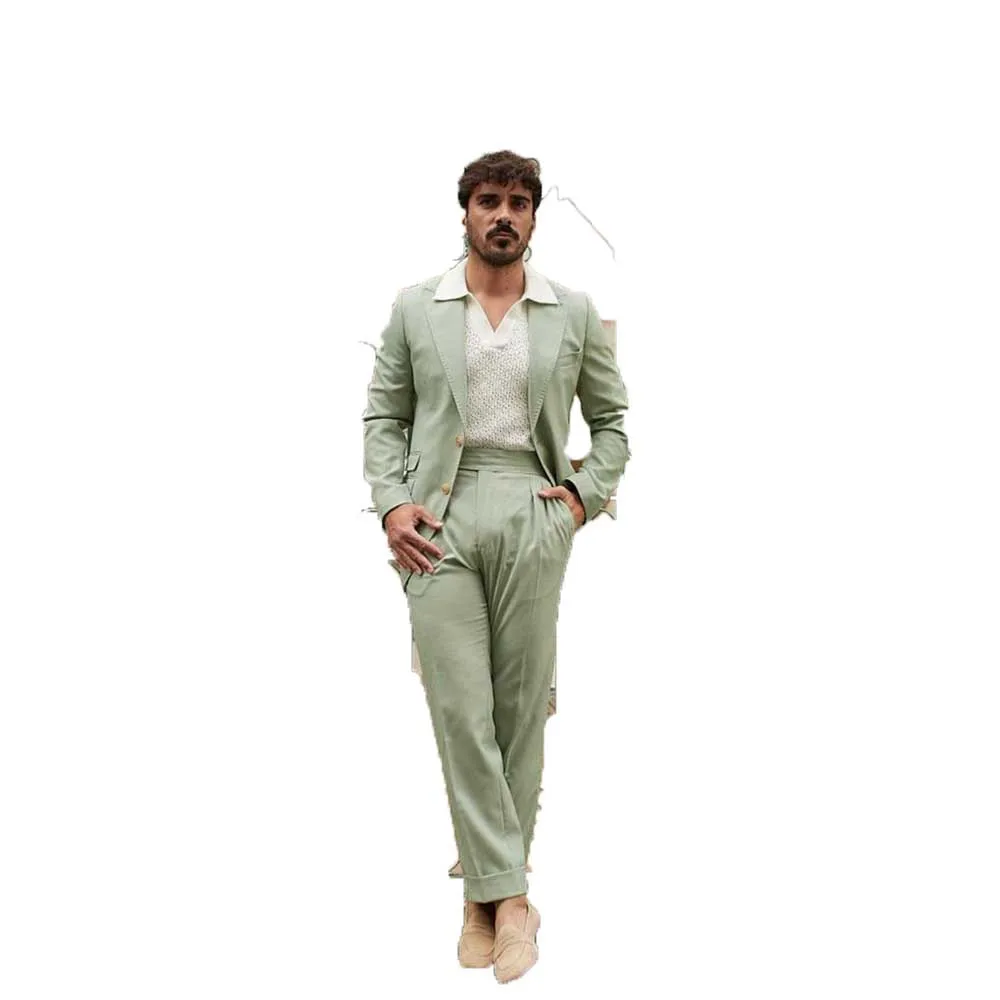 Smart Chic Light Green Suits for Men Single Breasted 2 Piece Jacket Pants Male Clothing Business Gentleman Party Blazers Sets