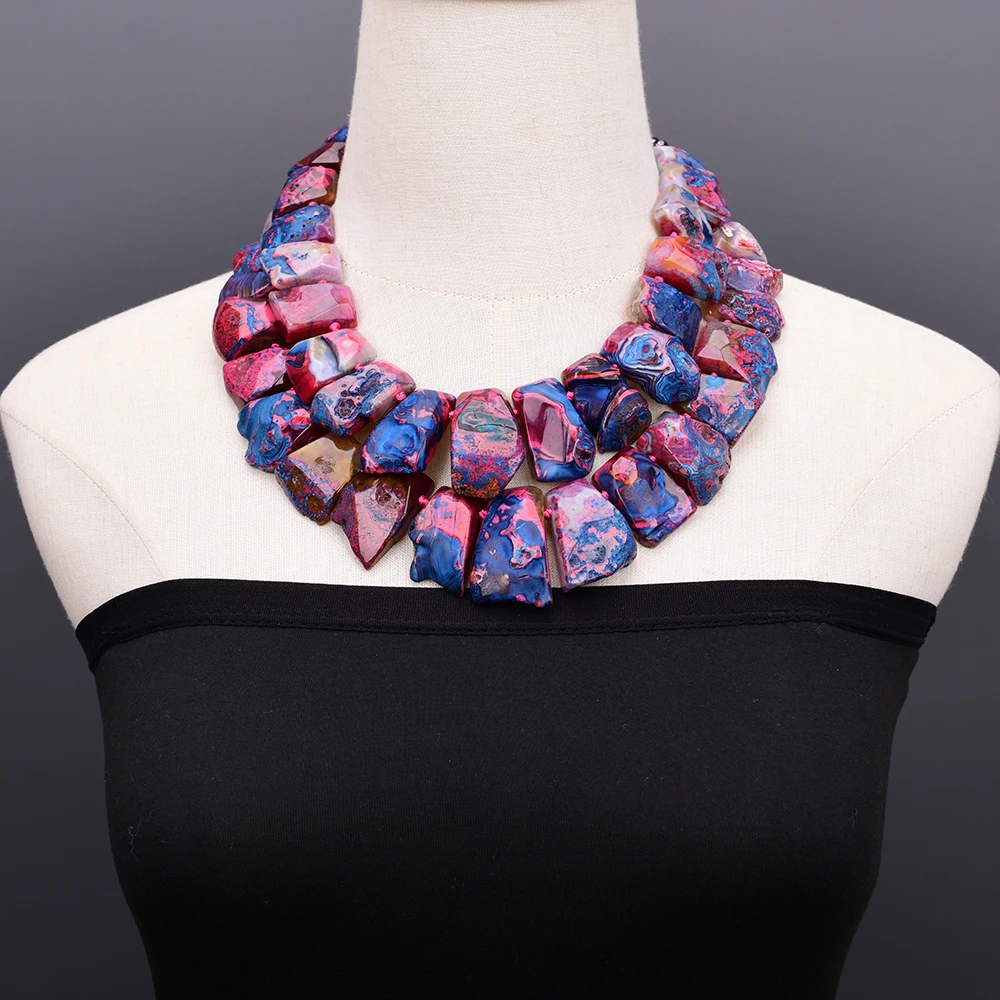 G-G Heavy 2 Strands Red Blue Fuchsia Agate Slice Druzy Beads Top-Drilled Stone Crystal Pendant Necklace Lady Jewelry Gift