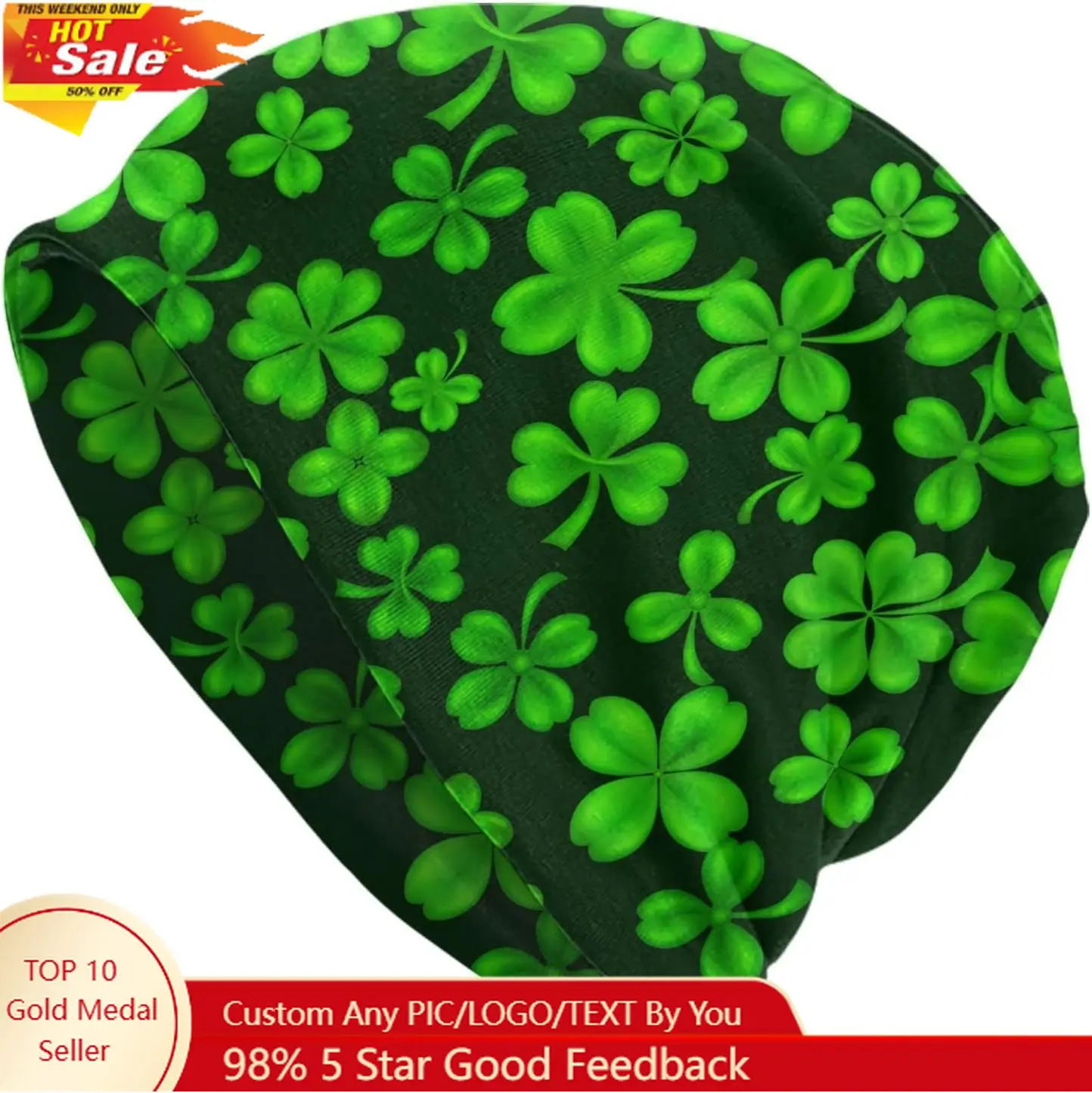 

St Patricks Day Green Shamrock Beanie Standard Closed Chemo Knitted Hats Baggy Slouchy Skull Cap Cancer Headwear for Wo