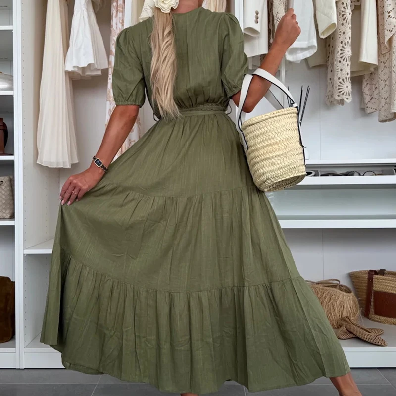 Robe d'été à manches lanternes, couleur unie, Patchwork, Maxi, vêtements Boho Chic pour femmes, col en v, demi-manches, cordon de serrage