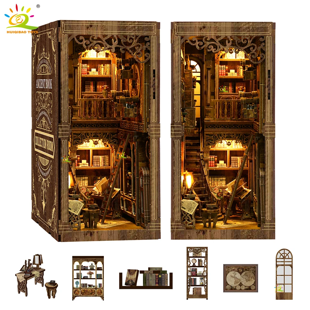 

HUIQIBAO DIY Retro Bookstore Bookshelf Model 3D Wooden Puzzle Assemble Book Nook Shelf Miniature Building Kits Handmade Toys