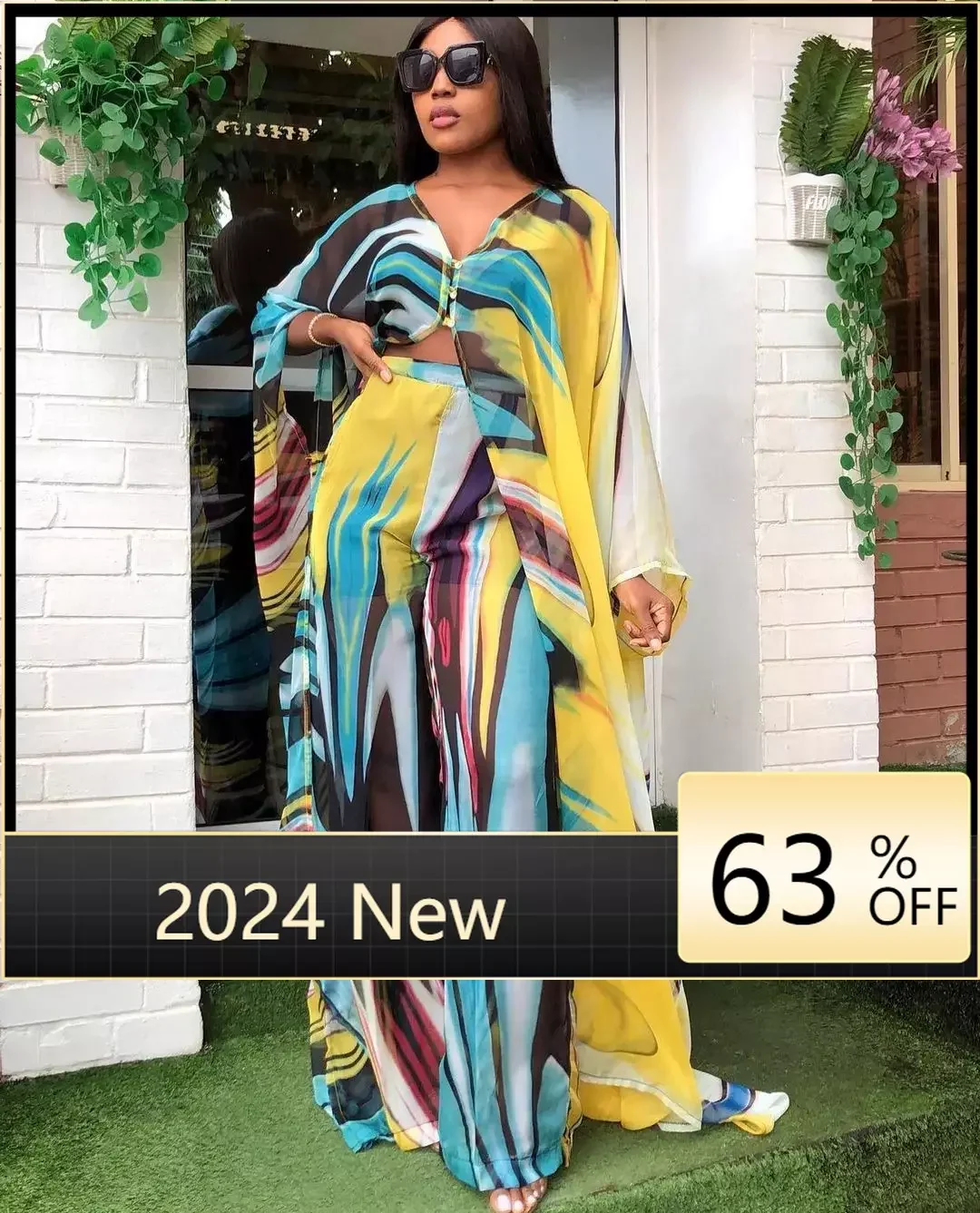 African Dresses For Women Digital Printed 2 Piece Set Loose Bat Sleeve Chiffon Robe And Solid Color Knit Wide Leg Pantsuits