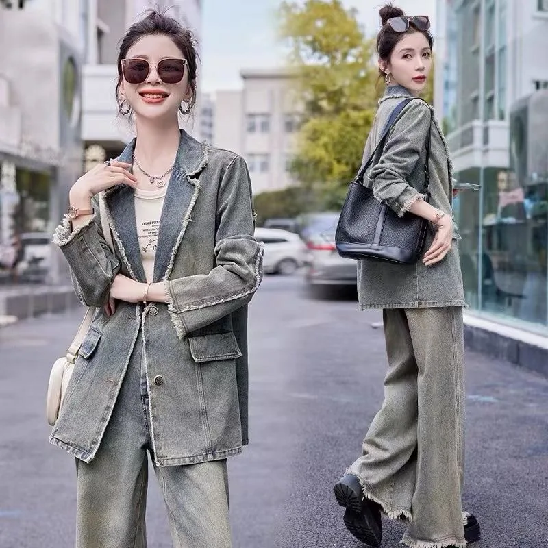 

Korean version fried street retro casual denim suit for women Spring Autumn advanced sense wide-leg pants two-piece set of tide