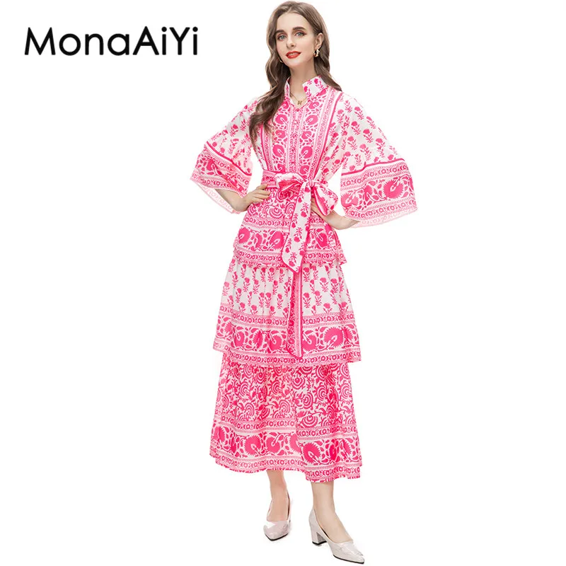 

MonaAiYi New Fashion Designer Women's High Collar Pagoda Sleeve Sleeve Detachable Waistband Long Printing Dress