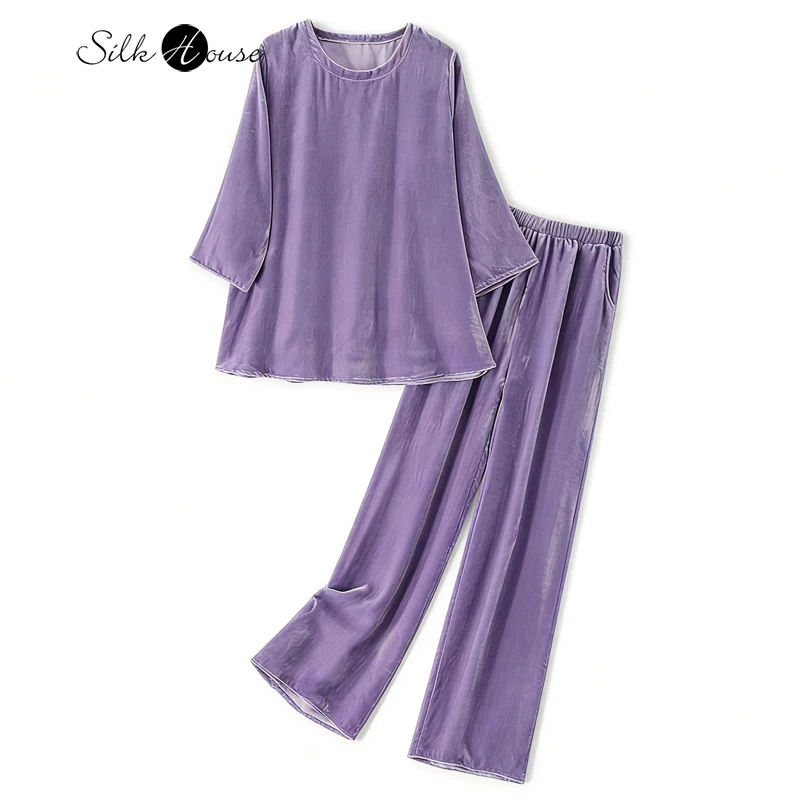 

Женская модная одежда, 30% натуральный шелковый бархат, топ с круглым вырезом, футболка с эластичной резинкой на талии, прямые брюки, фиолетовый комплект