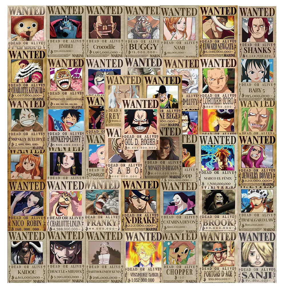 56 pezzi Anime One Piece Wanted Poster adesivi Cool Cartoon Decal Laptop Notebook Decorazione del telefono Adesivo da parete Graffiti