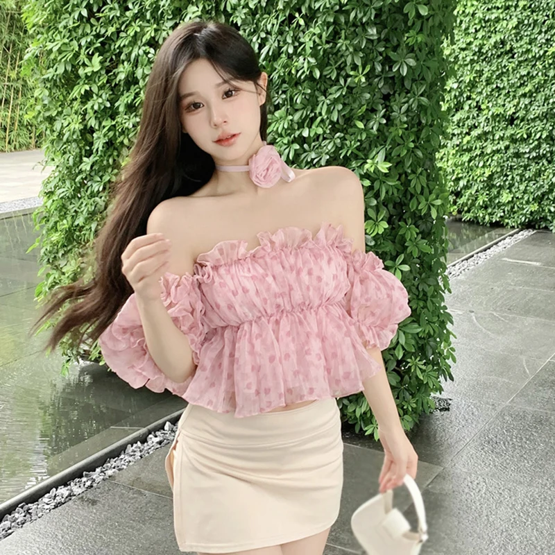 Off Shoulder Flower Print Blouse Women Short Sleeve Crop Tops Short Style Sweet And Spicy All-Match Leisure Summer