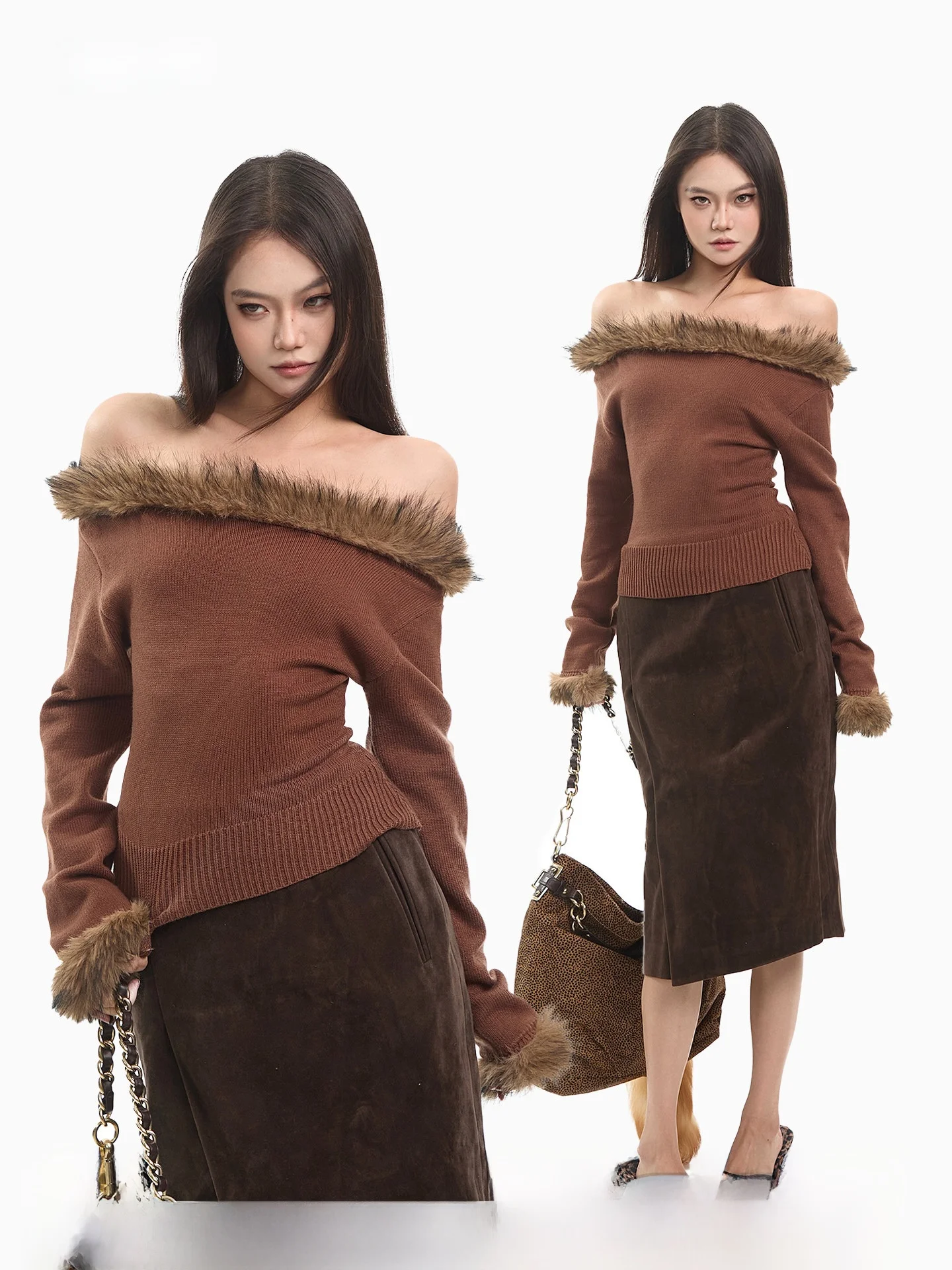 

Ретро-свитер с коричневым меховым воротником на одно плечо, женский облегающий топ для осени и зимы, модный, эксклюзивно онлайн