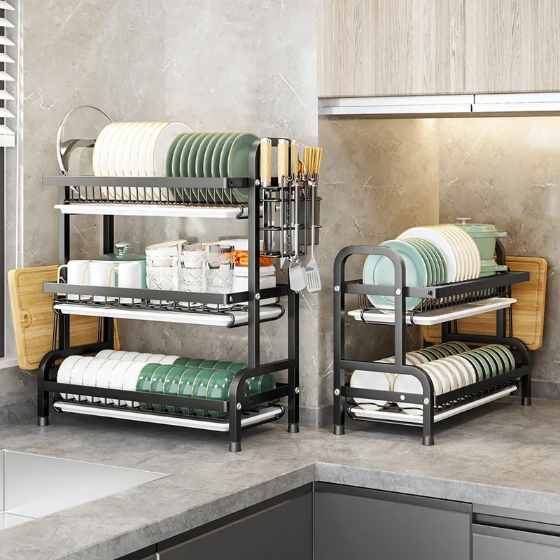 

Multifunctional Dish Drying Rack Cutlery Holder with Drain Tray Cutting Board Rack Kitchen Countertop Storage Solution