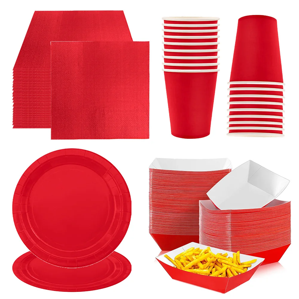 الصلبة الأحمر موضوع أدوات المائدة القابل للتصرف أطباق الورق الأحمر صينية طعام أكواب منديل ملاعق مفارش المائدة حفل زفاف عيد ميلاد الديكور