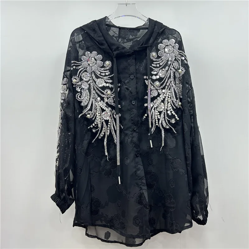 WTHT Mode Dames Zware Industy Kralen Pailletten Print Shirts Trendy Single-breasted Blouses Met Capuchon Vrouwelijke 2025, Zomer 1LS1721