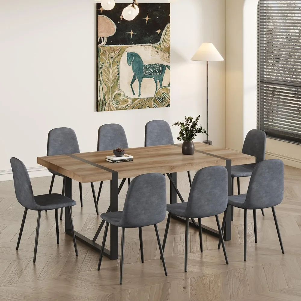 71'' Dining Table Set for 8，9 Piece Dining Table Set, Kitchen Table and Suede Nap Fabic Chairs Set of 8, Dining Tables