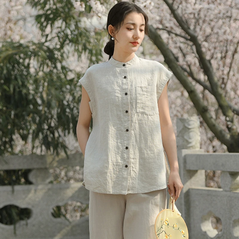 

100% Linen Women Casual Shirt New 2026 Summer Vintage Style Stand Collar Solid Color Loose Female Sleeveless Tops Shirts M2661