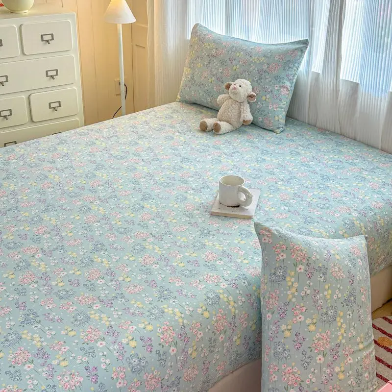 Floral Style Fitted Sheet Korean Brushed Microfiber Single Double Mattress Cover Queen Non Slip Bed Sheet with Elastic Band