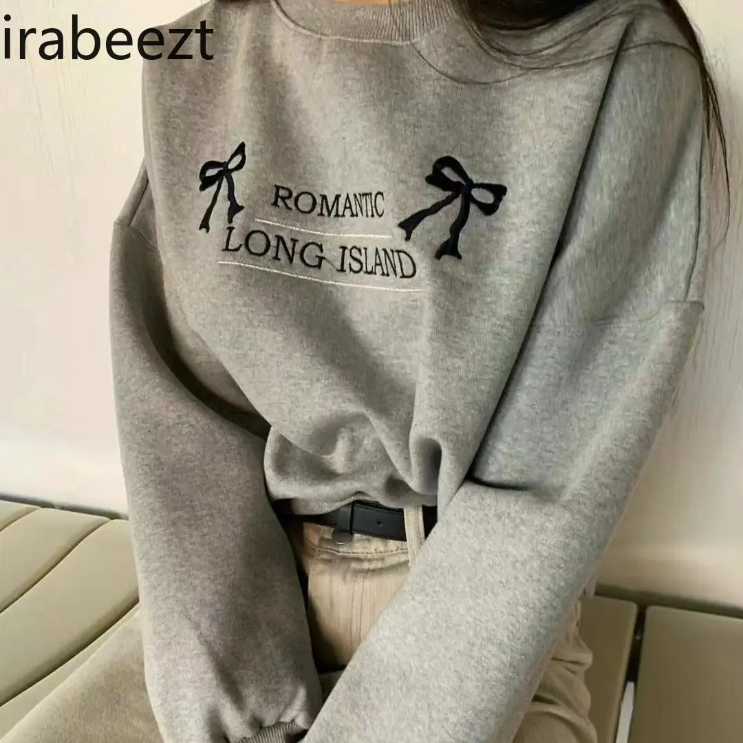 Spring New Design Bow Embroidery Loose Pullover Round Neck Hoodie Top All Match Student Girl Fashion Camisas Mujer