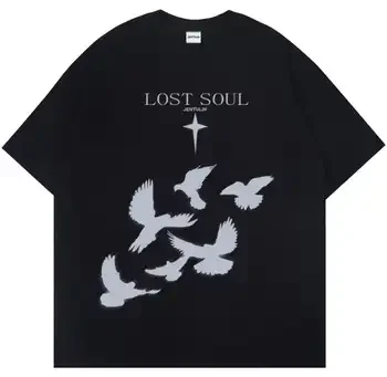Trendy Lost Soul Dove Print T Shirt for Men Women Oversized Casual Short Sleeve Cotton Blend Tee Streetwear Fashion Top Clothing