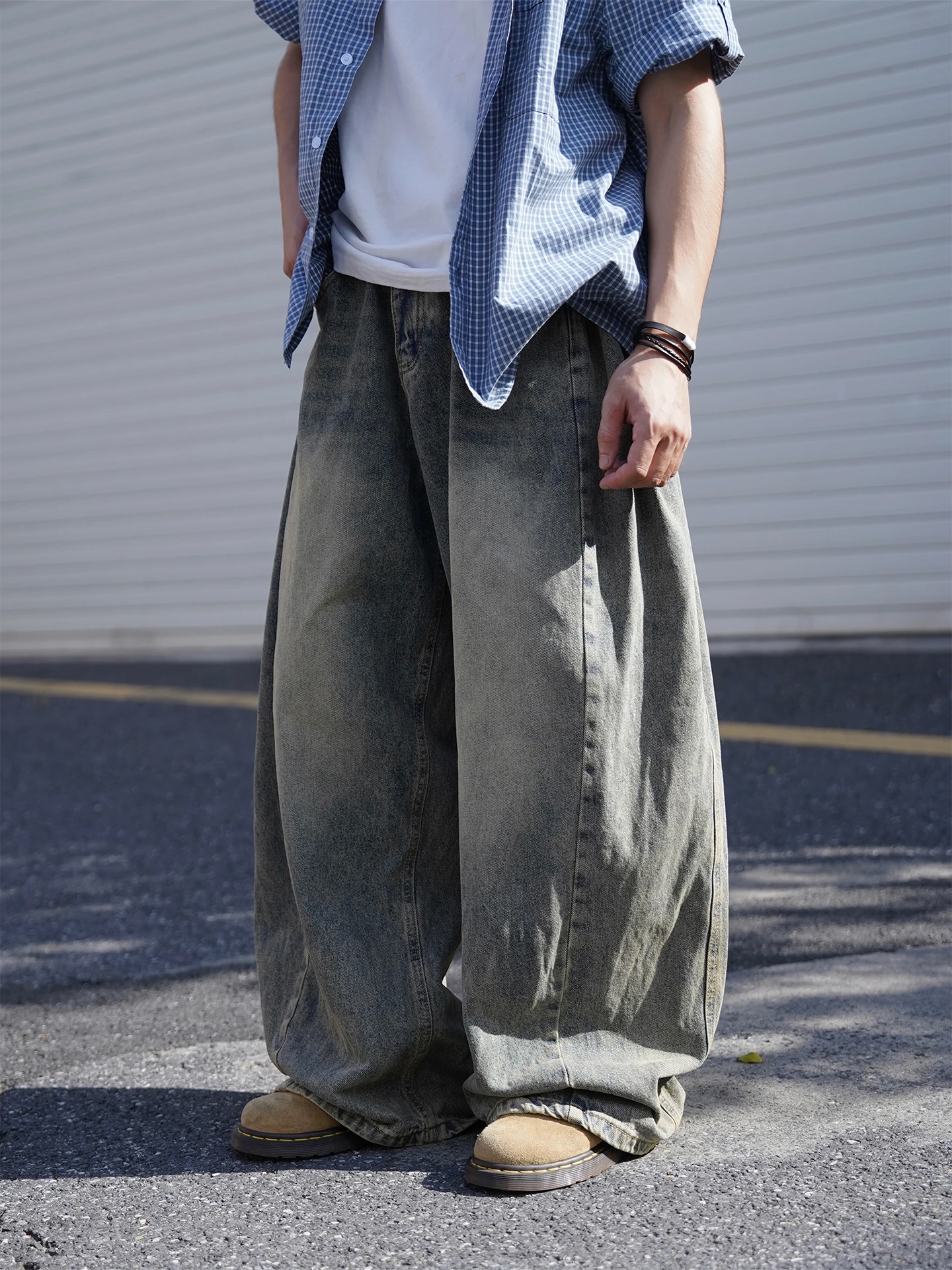 Calças Jeans Vintage Lavadas Azul Claro, Corte Solto e Reto, Calças Longas Casuais para Homens e Mulheres, Calças de Perna La...