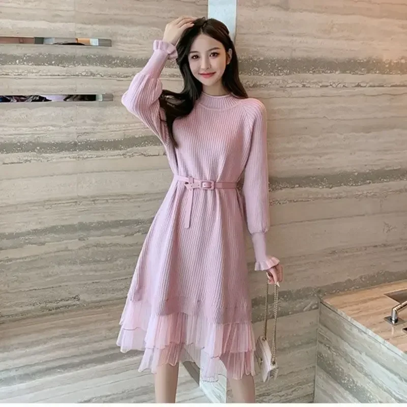 Crochet Dresses for Women Chic and Elegant Pretty Korean Style Woman Knitted Dress A Line Thic Long Sleeve Luxury Trendy Elastic