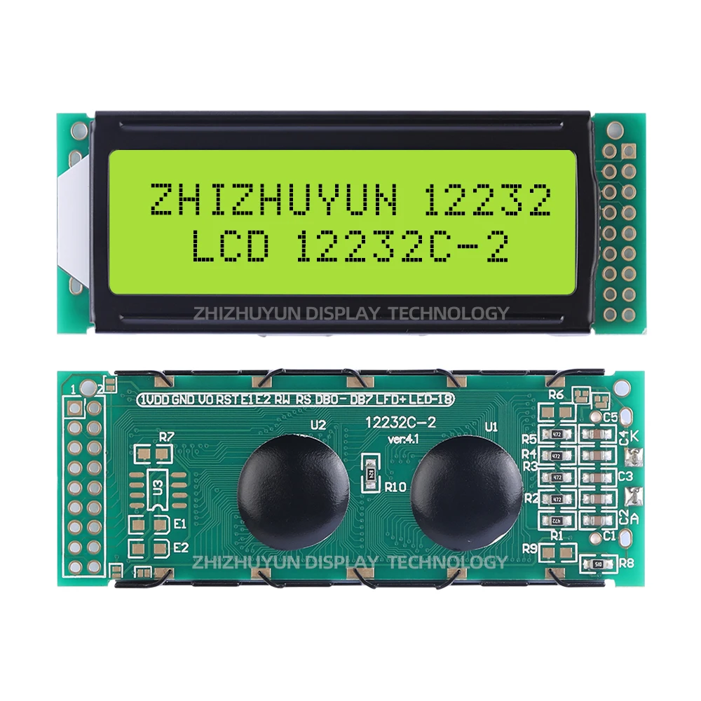 Pantalla LCD 12232C-2, placa PCB dorada de hundimiento sin plomo, pantalla de retroiluminación verde y amarilla, interfaz de doble fila de 18 pines