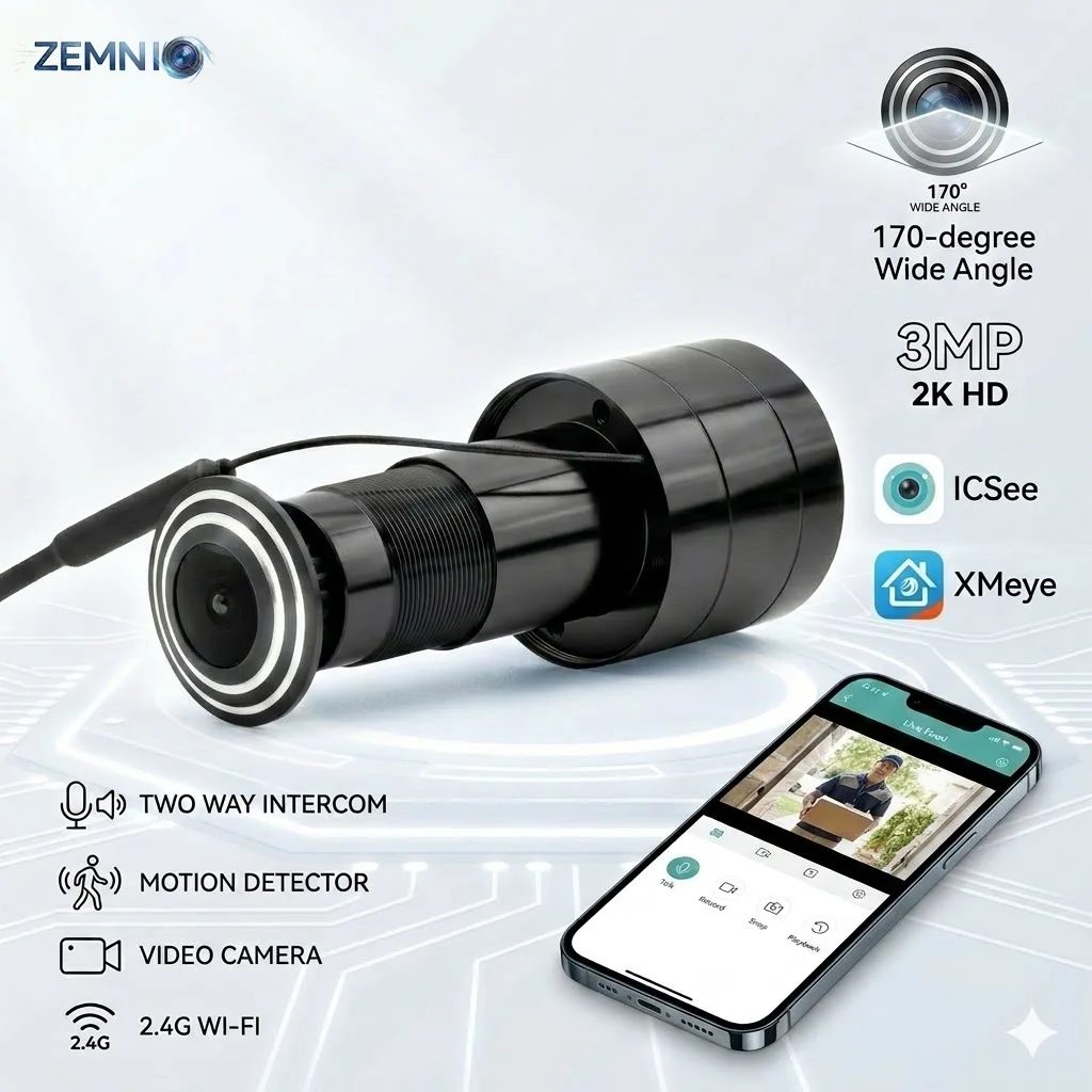 ZEMNIO WiFi 3MP 2K HD Smart Peephole Camera 170° Wide Angle Two-Way Intercom Motion Detect ICSee XMeye TF Card No/16/32/64/128GB