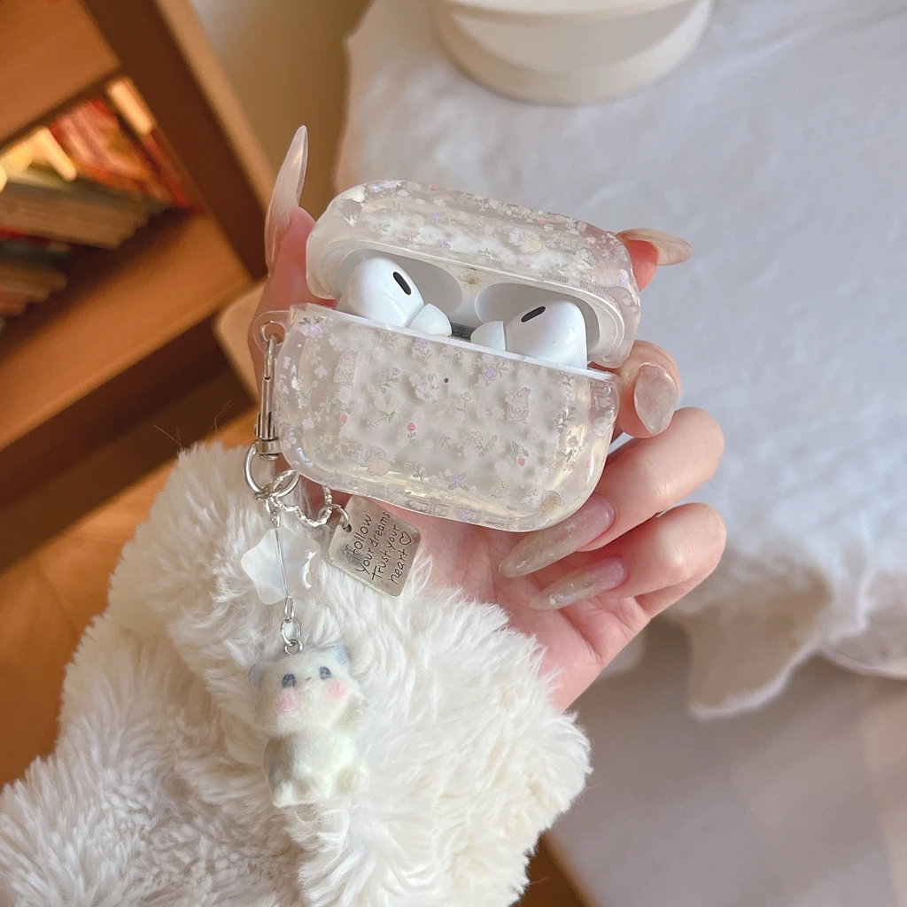 Cartoon Healing Sweet Fresh Little Flower Rabbit Wavy Edge With Pendant Earphone Case Cover for AirPods 1 or 2 3 4 Pro 2 Pro 3 - view 6