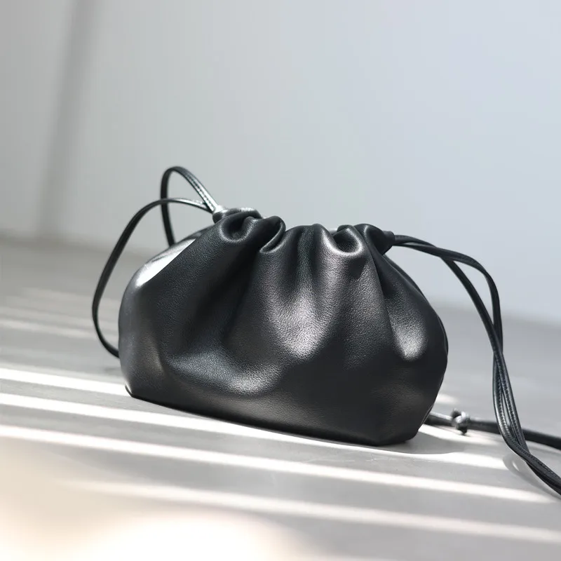 Natural Cowhide Drawstring Cloud Bag Soft Genuine Leather Women Luxury Crossbody Shoulder Bags Summer Portable Purse